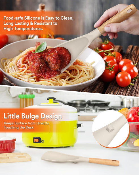 Cooking Spoon and Rice Scooper: Durable BPA-Free Matte Silicone, Wood Handle for Nonstick Cookware (Khaki)