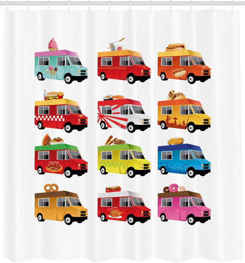 Ambesonne Truck Shower Curtain, Colorful Food Truck Illustration, Cloth Fabric Bathroom Decor Set with Hooks, 69" W x