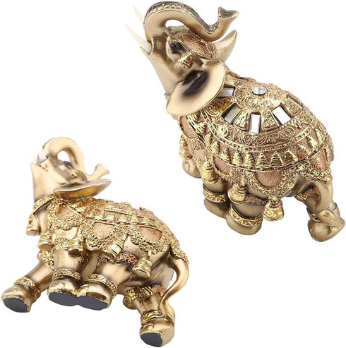Golden Polyresin Elephant Statue Sculpture - Trunk Wealth Lucky Collectible Figurine Gift Home Decor Feng Shui