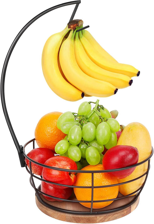 Livabber Countertop Fruit Basket Bowl with Banana Hanger, Modern Standing Fruit Vegetable