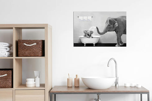 Piy Painting Elephant Bathroom Decor Wall Art, Funny Canvas Prints of Mother and Child Playing Water in Bath Crock