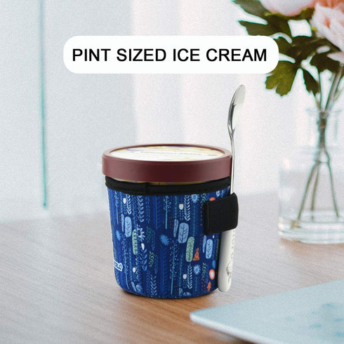 Ice Cream Pint Size Sleeves 4 Pack, Neoprene Cover with Spoon Holder (Plant+Fish scales)