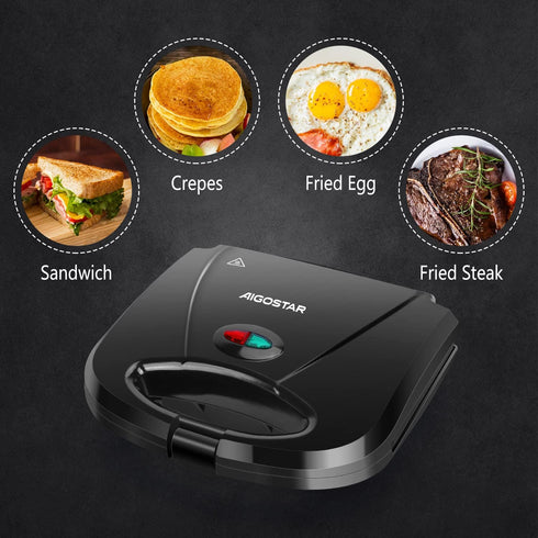 Aigostar Sandwich Maker with Non-stick Deep Grid Surface for Egg, Ham, and Steaks, Compact Electric Grill