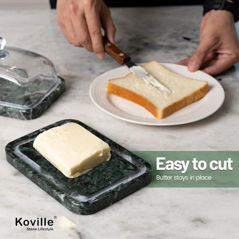Countertop Koville Green Marble Butter Dish with Glass Lid for and Refrigerator Door Shelf, Green Marble Butter Keeper