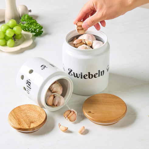 Meideal Counter, 5.2 inch Large Ceramic Garlic Keeper for Garlic Holder Storage with Wooden Lid, Garlic Saver to Keep