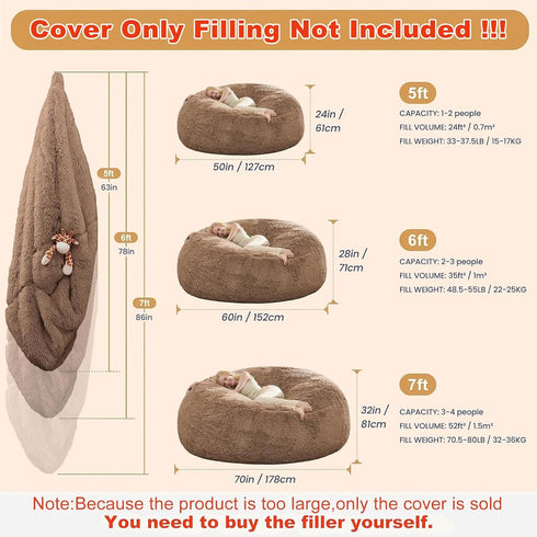 5FT, Fluffy Bean Bag for Stuffed Animals Storage, Faux Fur Washable Bean Bag Chair Cover(No Filler) for Textile Plush