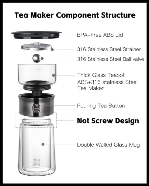 ZENS Modern Glass Tea Infuser Teapot, Smart One Touch Tea Maker for Loose Tea Diffusers with Insulated Mug and Portable