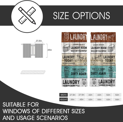 Laundry Kitchen Window Curtain, Rustic Wash Dry Quotes Words, 27.5" W x 45" L Curtains Set for Bedroom, 2 Panels