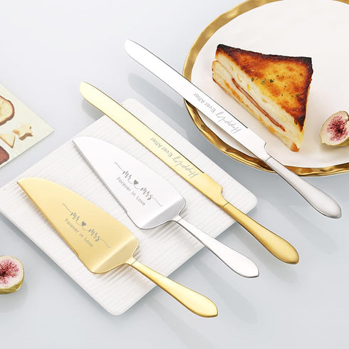 ROXBURGH Wedding Cake Knife and Server Set, Engraved Gold Forks for Cake Cutting, Pie Dessert Servers for Wedding