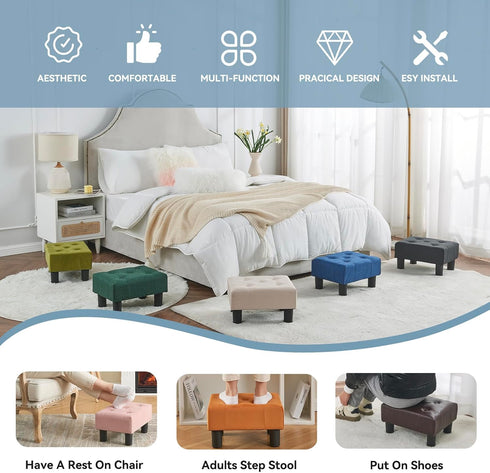 Poofzy Small Foot Stool Ottoman, Linen Ottoman Foot Rest with Legs, Rectangle Foot Rest for Couch, Footstools