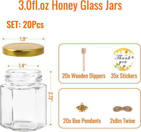 3 oz 20 Pack BIGIVACA Mini Honey Jars - Hexagon Glass Jars with Wood Dippers, Gold Lids, Bee Pendants, Jutes, Stickers
