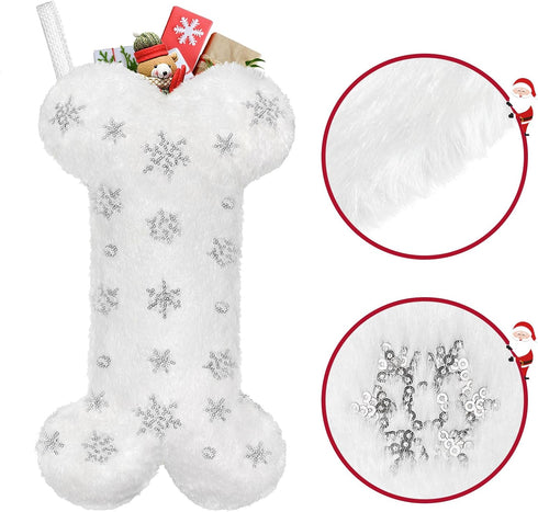 Malier Pet Dog Christmas Stocking, Large Faux Fur Bone Shape Hanging with Silver Snowflakes for Pets