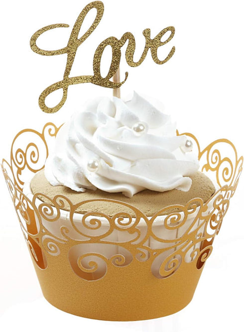 KPOSIYA Cupcake Wrappers, 100 Pack Filigree Artistic Bake Cake Paper Cup, Gold Laser Cut Liner for Wedding Party