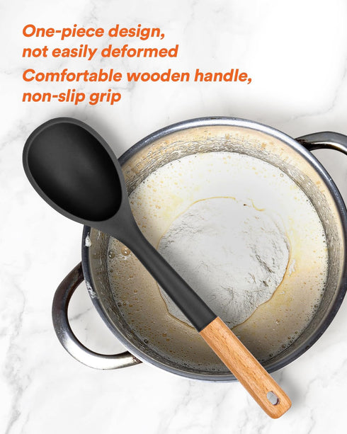 Large Silicone Cooking Spoons, 13.2inch Nonstick Solid Wooden Handle for Serving, Basting, Mixing (Black & White)