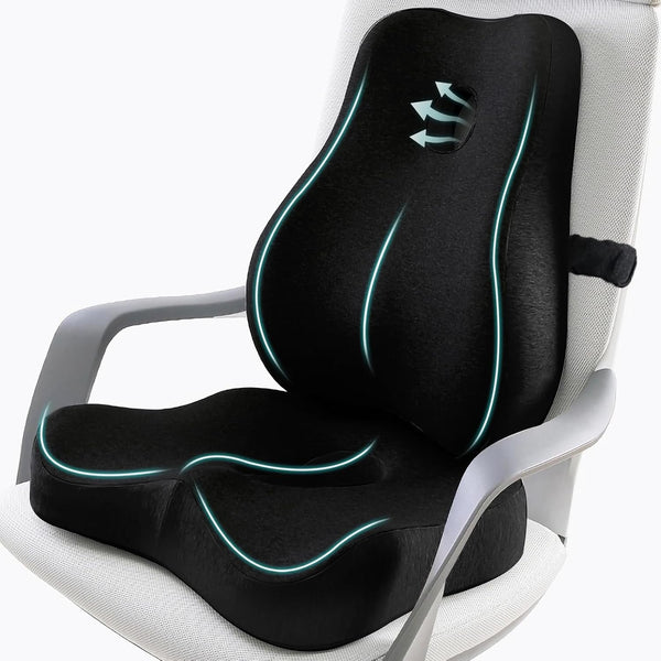Black Seat Cushion & Lumbar Support Pillow Set for Office Chair, Ergonomic Memory Foam Back Support Pillow & Chair