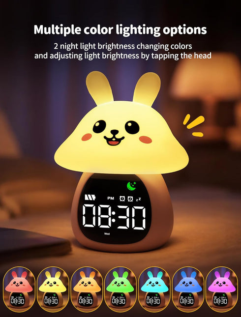 MASHI Mushroom Bunny Alarm Clock, Toddler Sleep Training Clock with Sun & Moon, Sleep Sound Machine, Night Lights