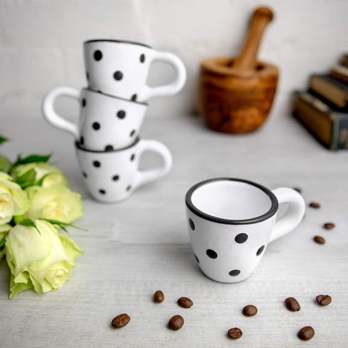 City to Cottage Ceramic Espresso Cups Set of 4 - Handcrafted White and Black Polka Dot Demitasse Mugs
