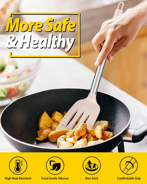 Pack of 2 Silicone Solid Turner: Non Stick Slotted Kitchen Spatulas, High Heat Resistant BPA Free (Stainless Steel