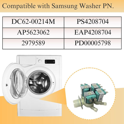 DC62-00214M Washer Water Inlet Valve, Compatible with Samsung Washing Machines, Replaces AP5623062, 1 Year Warranty