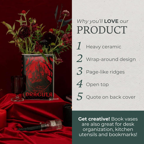 Steel Mill & Co Original Large Book-Shaped Decorative Vase, Ceramic Vases for Home Decor, Cute Gothic Bookshelf Decor
