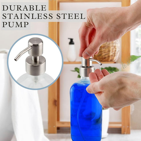 Cornucopia Brands 16-Ounce Clear Glass Bottles with Stainless Steel Pumps (2 Pack) - Great for Liquid Soaps & Essential