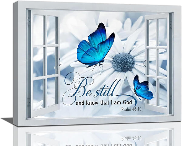Farmhouse Blue Butterfly Flower Decor - Rustic Country Wall Art, Canvas Painting Prints for Bathroom