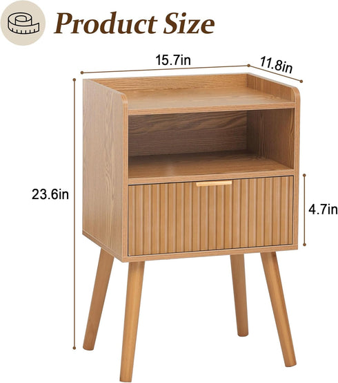 AWASEN Fluted Nightstand, Mid Century Modern Bedside Table with Storage Drawers, Wood Night Stand Bed Side Table
