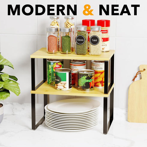 SpaceAid Cabinet Shelf Organizers, 2 Pack Kitchen Counter Rack Shelves Riser, Expandable Spice Rack (Black and Natural)