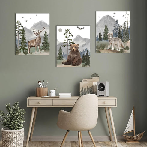 16"x24" Set 3, Woodland Animal Nursery Wall Art: Forest Wildlife Prints Canvas Posters of Wolf Bear Elk Pictures