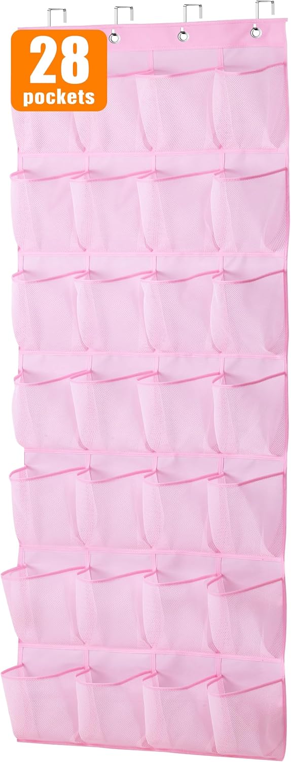 MISSLO Kids Over the Door Shoe Organizer, Pink Hanging Rack with 28 Pockets for Baby Toddler Room Decor
