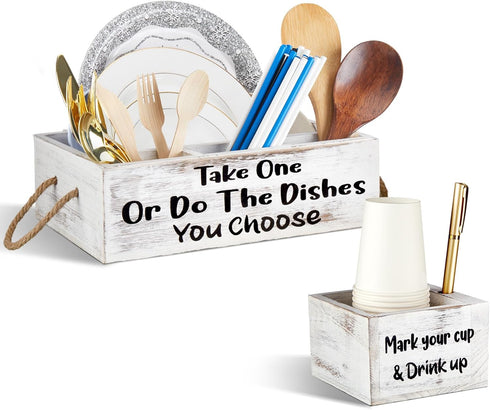 Cutlery Kitchen Utensil Holder Kit - Wooden Organizer for Plate, Cup, Fork, Knives, Spoon, Straws, Napkins