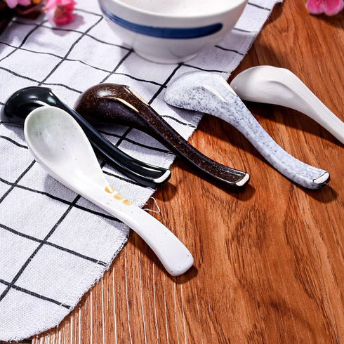 Japanese Soup Spoons Set of 5, Porcelain Ramen Spoons for Wonton, Dishwasher Safe