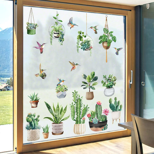wondever Hanging Potted Plant Window Clings, Tropical Botanical Cactus Hummingbirds Glass Sticker Decals