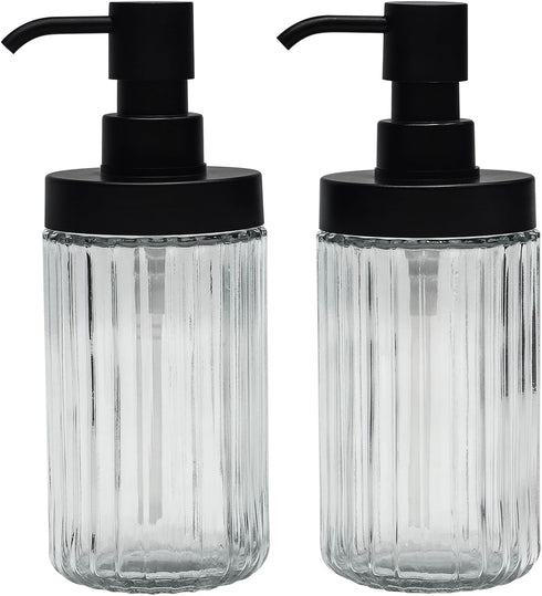 Ribbed Hand Glass Soap Dispenser Set of 2, Wide-Mouthed Glass Soap Bottles with Matte Black Pump for Bathroom & Kitchen