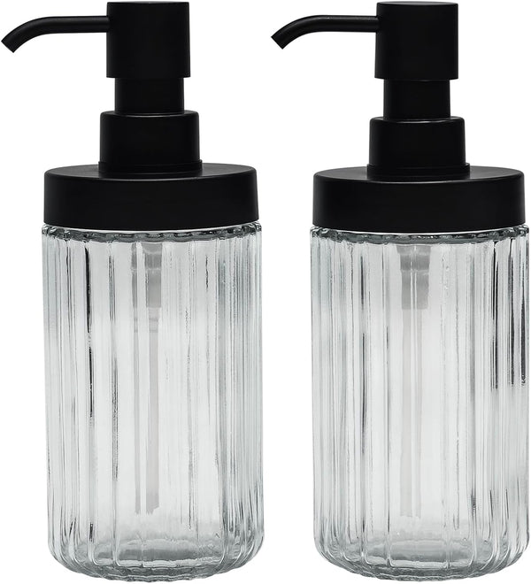 Ribbed Hand Glass Soap Dispenser Set of 2, Wide-Mouthed Glass Soap Bottles with Matte Black Pump for Bathroom & Kitchen