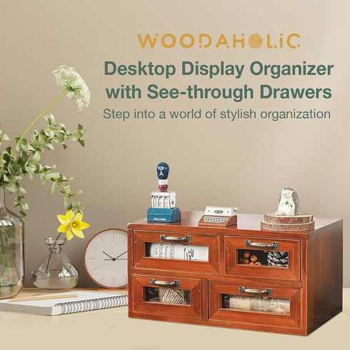 Store and Display Wooden Desk Top Organizer Cabinet, Mahogany Wood Chest with 4 See-Through Drawers