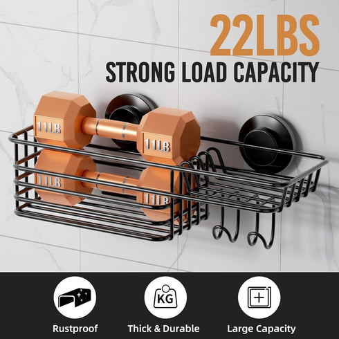 LEVERLOC Shower Caddy Suction Cup with Hooks and Soap Holder, No-Drilling Bathroom Organizer, Black