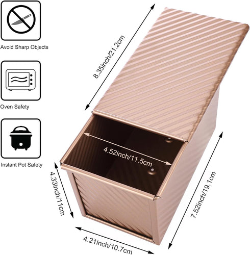 Beasea Pullman Loaf Pan With Lid, Non-Stick Bakeware for Baking Bread, Carbon Steel Corrugated Bread Toast Box Mold With Cover Baking Tools Bread Mold Toast Baking Cake Mold for Oven Baking -Gold by Beasea
