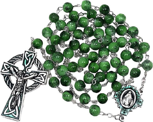 CB Catholic St Patrick Green Glass Marble Bead Rosary Gift Set