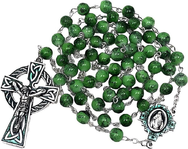 CB Catholic St Patrick Green Glass Marble Bead Rosary Gift Set