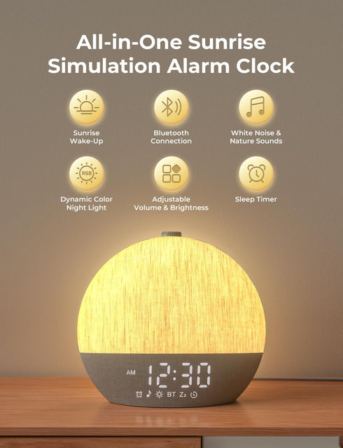 30 LIORQUE Sunrise Alarm Clock, Digital Alarm Clocks Bedside, Sleep Sounds, Sleep Timer, Adjustable Volume