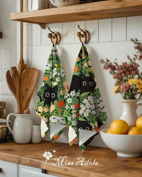 Set 2 1626 Inch Miss Adola Cotton Kitchen Towels of - Cute Design Dish Towels for Kitchen with Hanging Loop Black Cats
