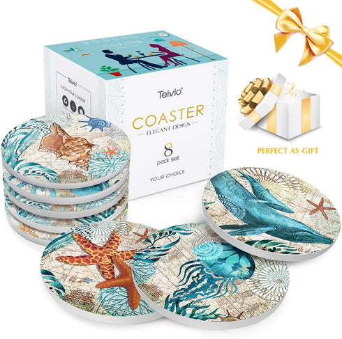 Teivio Absorbing Stone Sea Ocean Life Coasters, Cork Base with Holder, Set of 8 for Coastal Decor