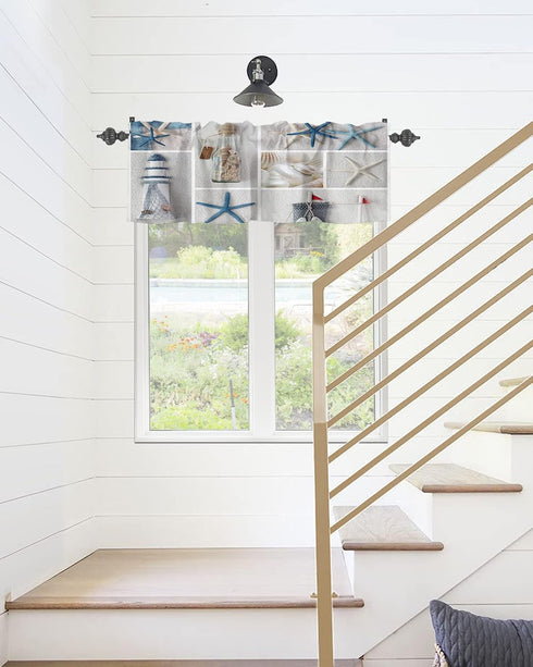 Summer Coastal Grid Valances Curtain for Kitchen Cafe, Ocean Starfish Lighthouse Window Treatment, 42"x 12"