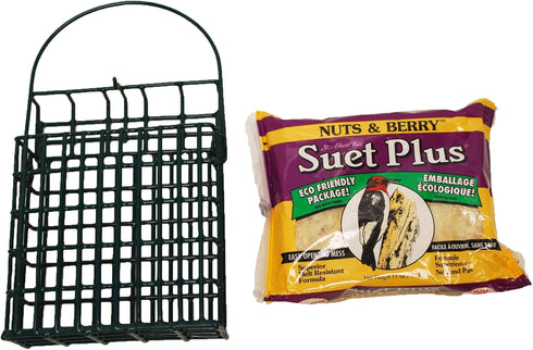Wildlife Sciences Suet Feeder Cage - Suet Cake Combo for Wild Birds, Includes 1 Feeder and 11 oz Nuts & Berry Cake