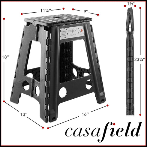 18" Casafield Folding Step Stool with Handle, Black - Portable Collapsible Small Plastic Foot Stool for Adults - Use