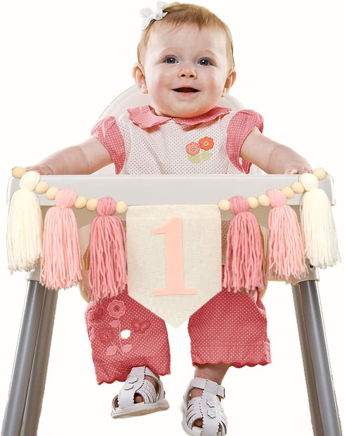 1st 1 Boho Pink Handmade Birthday High Chair Banner First Highchair Banner For Baby Girls Wild One Wall Hangings Wood