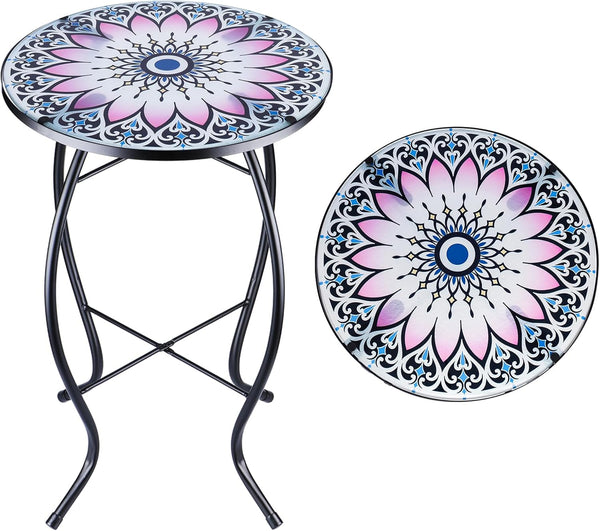 MUMTOP Side Patio Tables-Mosaic Outdoor Side Table - 14 Flower Glass Accent