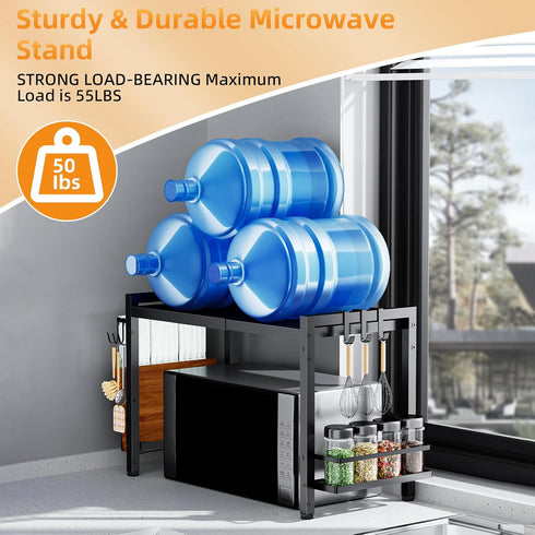 Microwave Oven Rack: Expandable Stand for Kitchen Utensils Tableware Storage with 6 Hooks