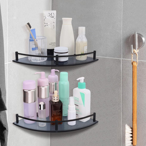 Set 2 Glass Bathroom Shelves - of Corner Shelves with Rail, Floating Glass Shelves for Bathroom, Kitchen, Living Room